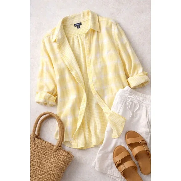Lands End Cotton Gauze Shirt Yellow Plaid Gingham Lightweight Coastal 22W - Picture 1 of 13